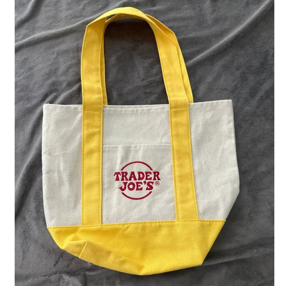 Trader Joes Mini Tote Canvas Yellow Trim Logo Graphic Double Handles Grocery